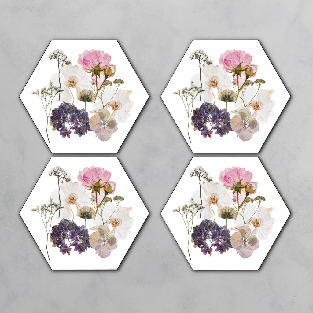 Pink And Purple Pressed Flowers Hexagonal Coaster Set