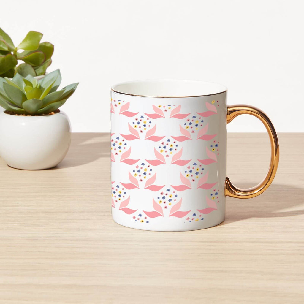 Leaves And Flowers Bone China Gold Handle Mug