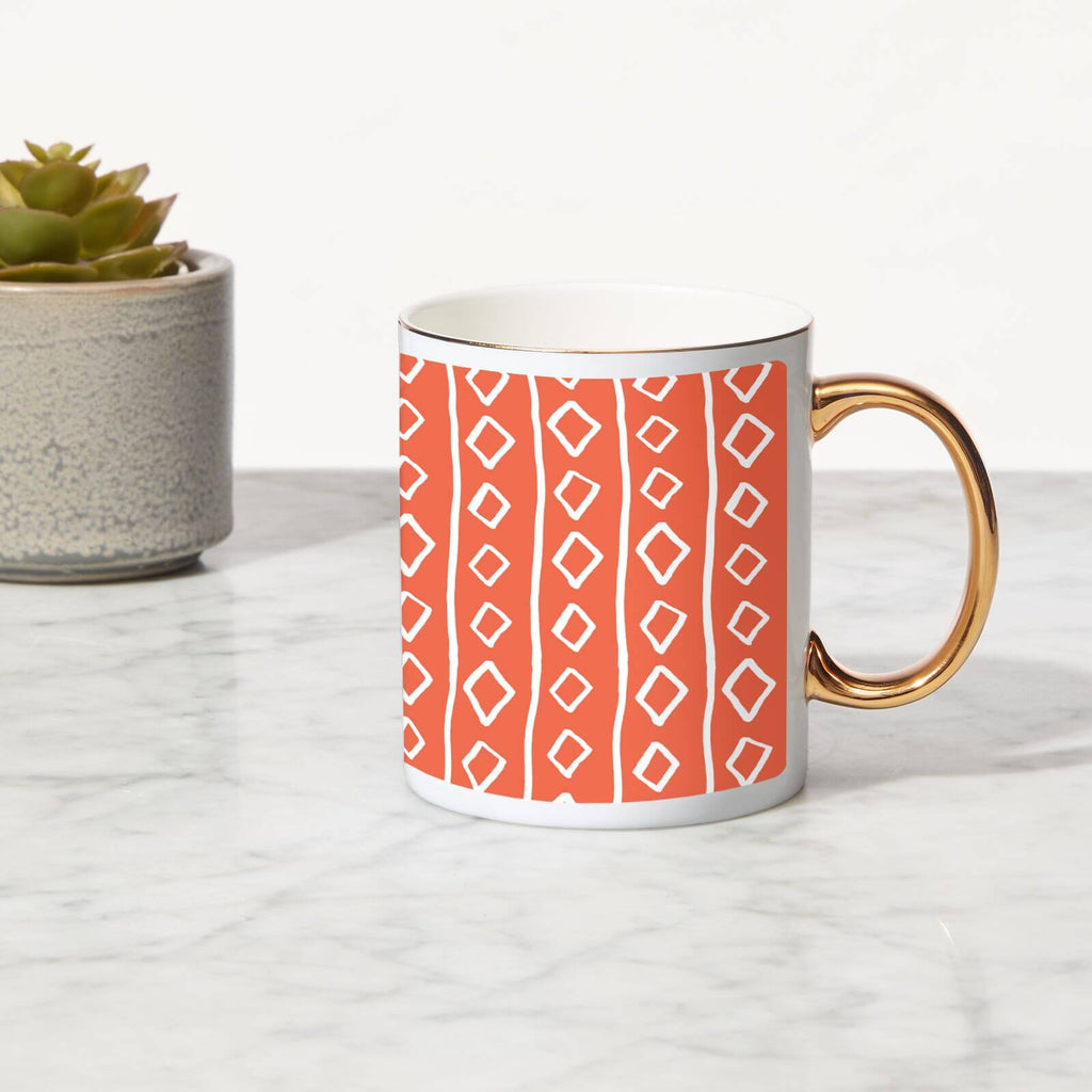 Lines And Diamonds Bone China Gold Handle Mug