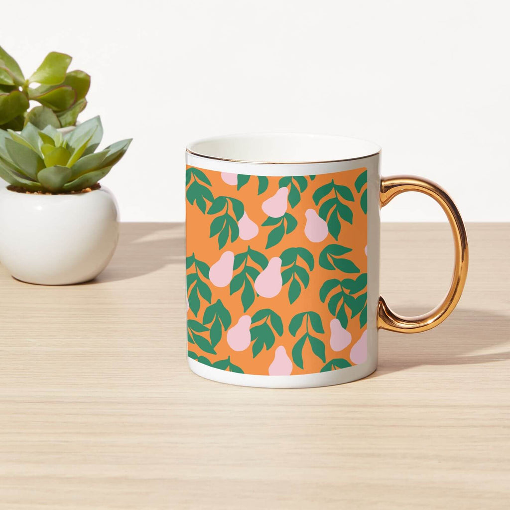Pears And Leaves Bone China Gold Handle Mug
