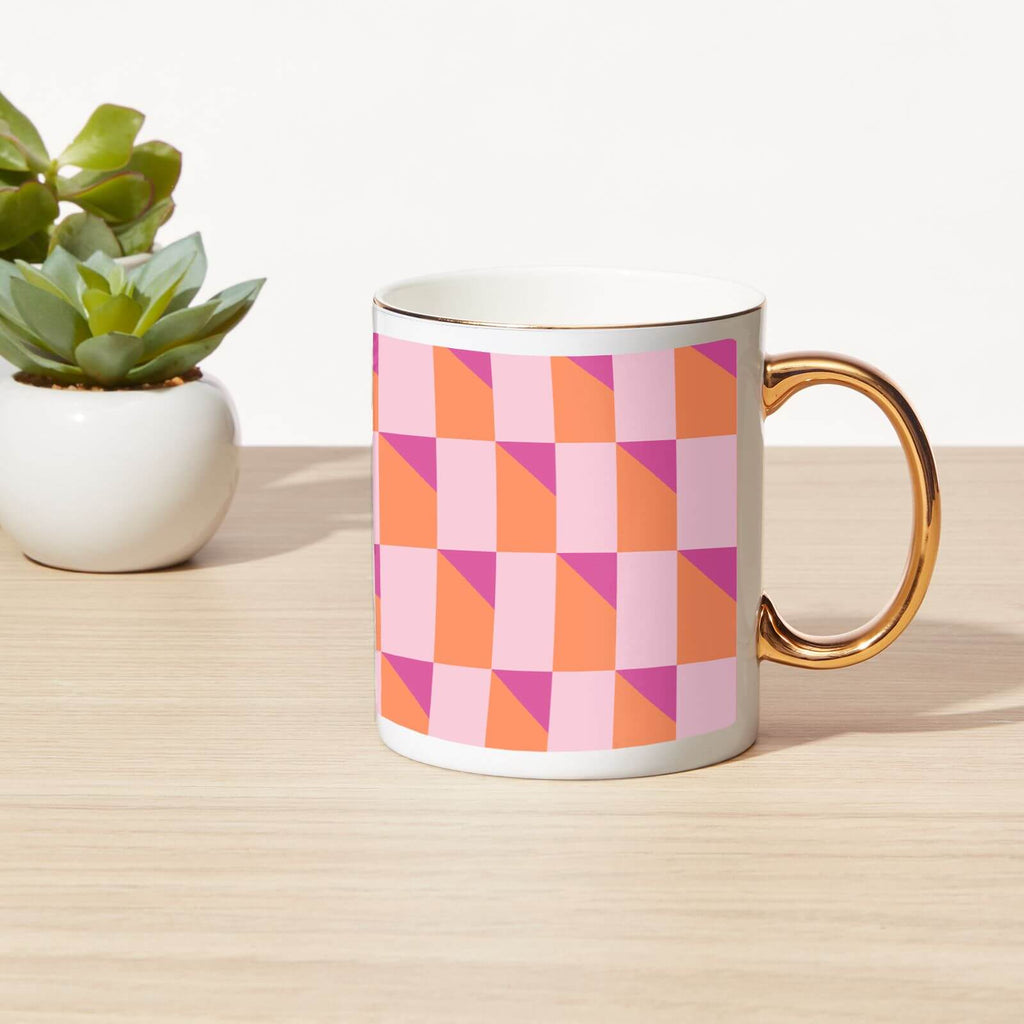 3D Check Bone China Gold Handle Mug