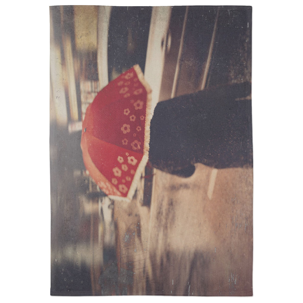 Red Umbrella Cotton Tea Towel - White